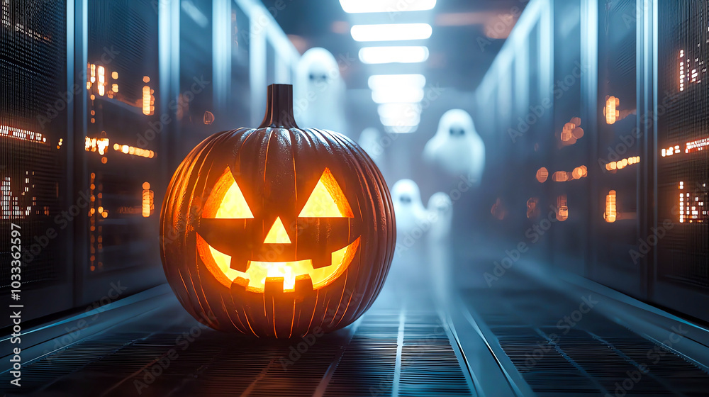 Fototapeta premium Glowing jack-o'-lantern in a futuristic tech environment with floating ghosts, blending tradition with modernity.