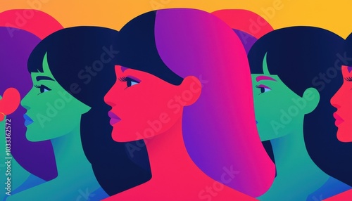 Colorful abstract representation of diverse female profiles in a vibrant artistic style.