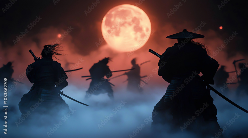 Naklejka premium Samurai silhouettes wielding swords in misty landscape under a full moon, evoking mystery and tradition.