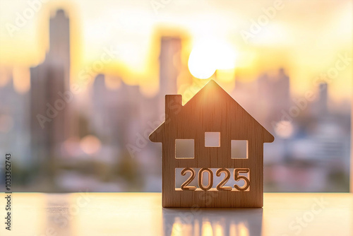 Wooden house model with text 2025 on a table, Real estate new year concept