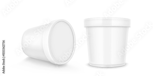 White plastic standing and lying container for ice cream or yogurt storage. Realistic 3d vector illustration set of frozen dairy product bucket mockup. Bank template of milk dessert food package.