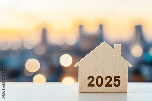 Wooden house model with text 2025 on a table, Real estate new year concept photo