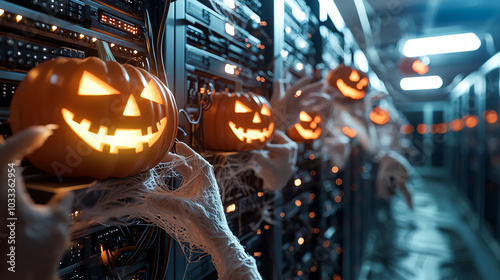Decorative Halloween pumpkins with glowing faces in a data center server room, blending technology with festive spirit.