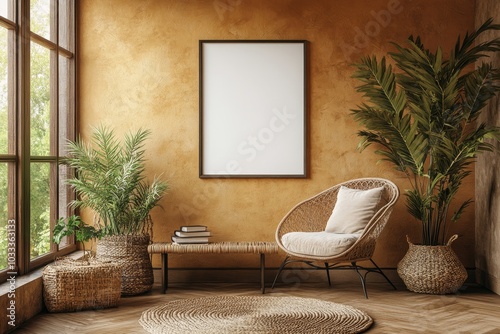 Warm composition of living room interior with mock up postrer frame, vase with rowan, wooden coffee table, beige carpet, brown pouf, braided plaid and, Generative AI photo