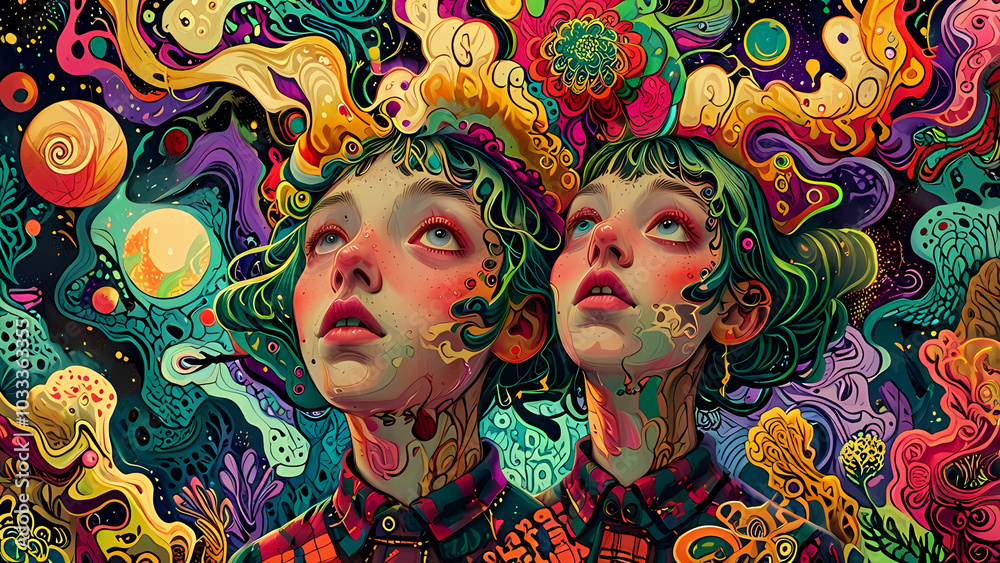 Surreal twin portraits with vibrant swirling abstract background Surreal twin portraits with vibrant swirling abstract background