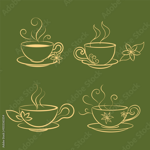 stylish tea cup with swirly steam with flowers sil