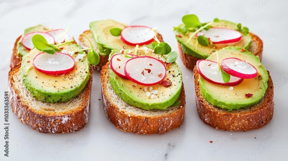 Mini avocado toasts with radishes and sprouts, sprinkled with sea salt and chili flakes, arranged in a neat row on a marble countertop, 3D illustration Mini avocado toasts with radishes and sprouts, sprinkled with sea salt and chili flakes, arranged in a neat row on a marble countertop, 3D illustration