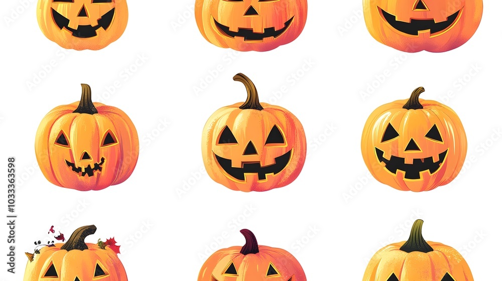 A collection of playful Halloween pumpkins with diverse expressions. A collection of playful Halloween pumpkins with diverse expressions.