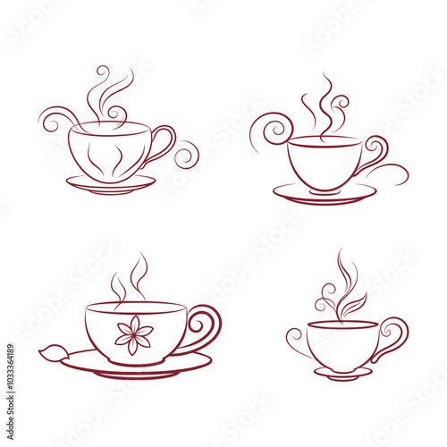 stylish tea cup with swirly steam with flowers sil