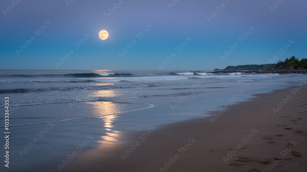 serene beach scene featuring gentle waves lapping at shore under full moon. tranquil atmosphere evokes sense of peace and calmness, perfect for relaxation