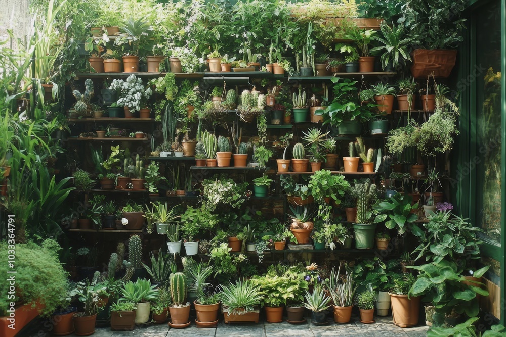 Stylish composition of home garden interior filled a lot of beautiful plants, cacti, succulents, air plant in different design pots. Home gardening concept Home jungle. Copy spcae, Generative AI Stylish composition of home garden interior filled a lot of beautiful plants, cacti, succulents, air plant in different design pots. Home gardening concept Home jungle. Copy spcae, Generative AI