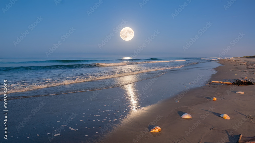custom made wallpaper toronto digitalserene beach scene at night with super moon illuminating calm waves and sandy shore. tranquil atmosphere invites relaxation and reflection