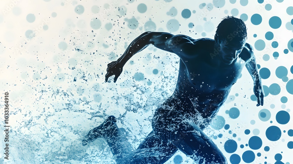 Naklejka premium Silhouette of a Man Running Through Water with Blue Circles