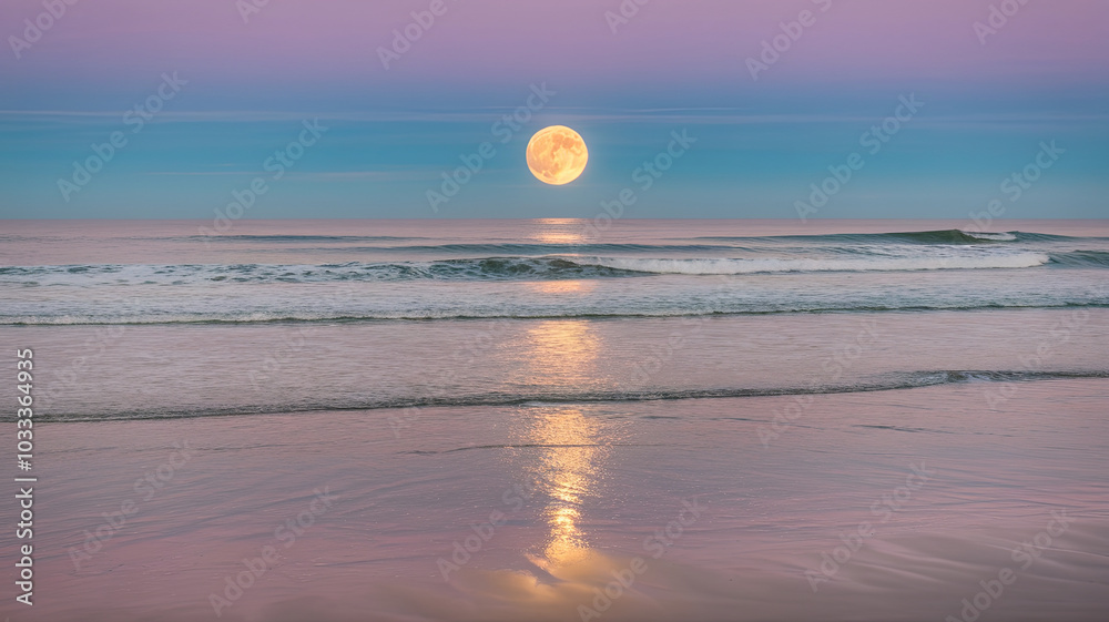 serene beach scene with super moon low on horizon, casting beautiful reflection on calm water. pastel colors of sky create tranquil atmosphere serene beach scene with super moon low on horizon, casting beautiful reflection on calm water. pastel colors of sky create tranquil atmosphere