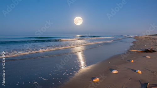 serene beach scene at night with super moon illuminating calm waves and sandy shore. tranquil atmosphere invites relaxation and reflection