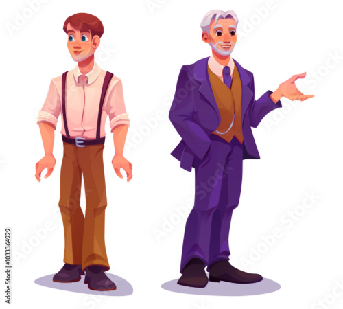 Young and senior men isolated on white background. Vector cartoon illustration of handsome guy in shirt smiling, elderly male character with gray hair wearing business suit, human life and aging