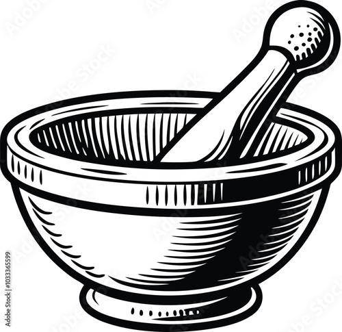 Black and White Engraving of a Mortar and Pestle on White Background.