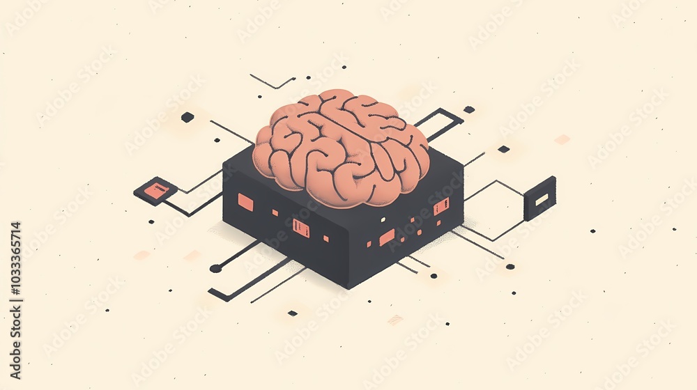 Stylized illustration of a brain resting on a circuit board, representing technology and AI. Stylized illustration of a brain resting on a circuit board, representing technology and AI.