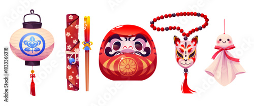 Japanese daruma toy and accessories set isolated on white background. Vector cartoon illustration of paper lantern, wooden sticks, traditional asian doll, cat sign on bracelet, travel souvenirs