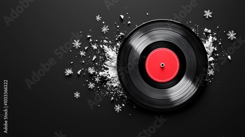 A vinyl record with a red label, surrounded by snowflakes, sits against a black background, blending music and winter themes.