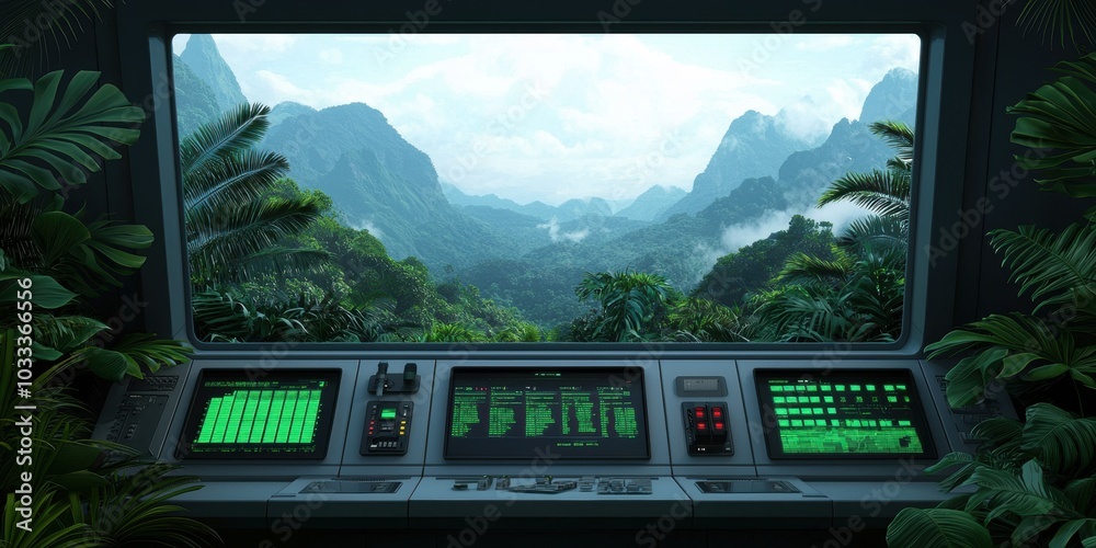 Futuristic control room with green screens overlooking a lush mountainous landscape. Futuristic control room with green screens overlooking a lush mountainous landscape.