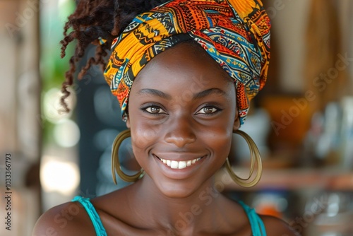 A smiling portrait of a Black woman celebrating racial diversity and community. This image embodies joy, strength, and the beauty of representation in various cultures.