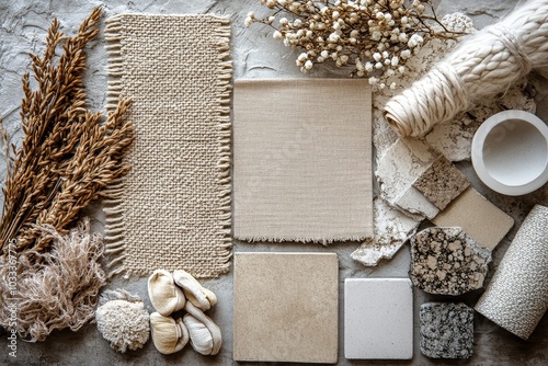 Creative flat lay composition with textile and paint samples, panels and cement tiles. Stylish interior designer moodboard. Blue, beige and brown color palette. Copy space, Generative AI