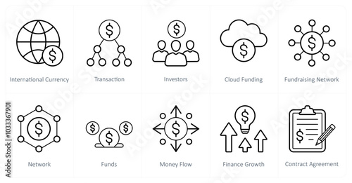 A set of 10 crowdfunding icons as international currency, transation, investors