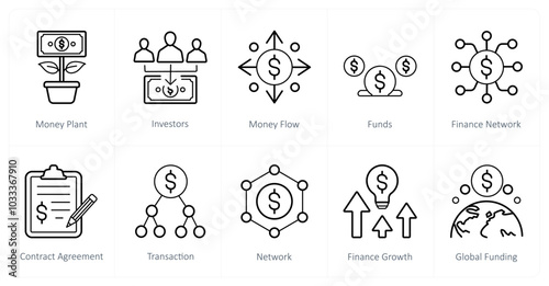 A set of 10 crowdfunding icons as money plant, investors, money flow