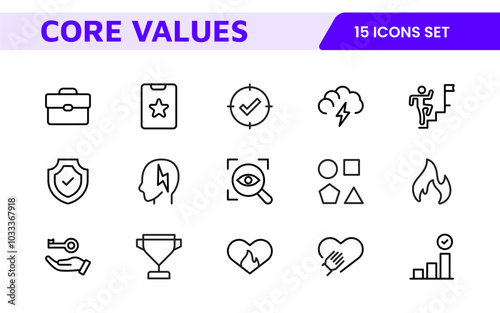 Core Values outline icons set. Core, values, business, leadership, goals, target, client, quality, success, responsibility and quality.