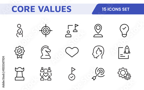 Core Values outline icons set. Core, values, business, leadership, goals, target, client, quality, success, responsibility and quality.