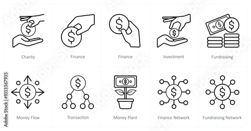A set of 10 crowdfunding icons as charity, finance, investment