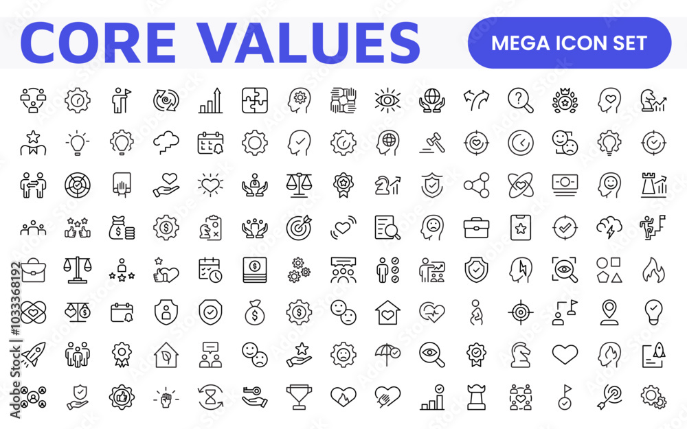 Core Values outline icons set. Core, values, business, leadership, goals, target, client, quality, success, responsibility and quality. Core Values outline icons set. Core, values, business, leadership, goals, target, client, quality, success, responsibility and quality.