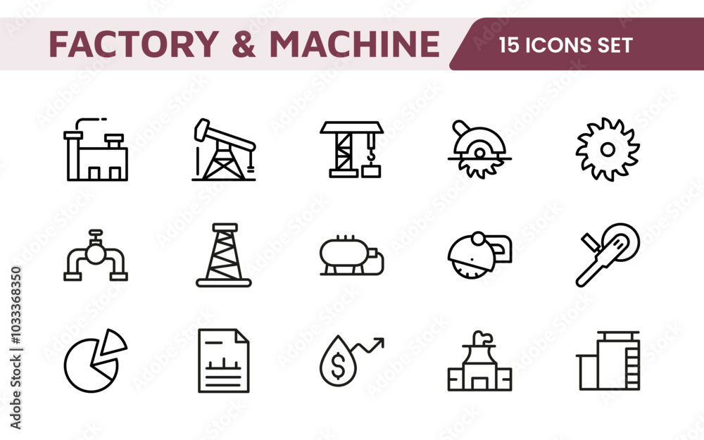 Factory and Machine Icons Collection. A Versatile Set for Industrial Design, Production Workflows, Machinery, Factory Management, and Engineering Solutions.