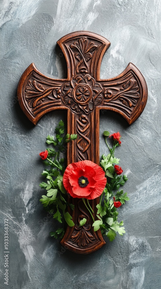 A beautifully carved wooden cross is decorated with vibrant poppies and fresh greenery, honoring the memory of brave soldiers on Armistice Day A beautifully carved wooden cross is decorated with vibrant poppies and fresh greenery, honoring the memory of brave soldiers on Armistice Day