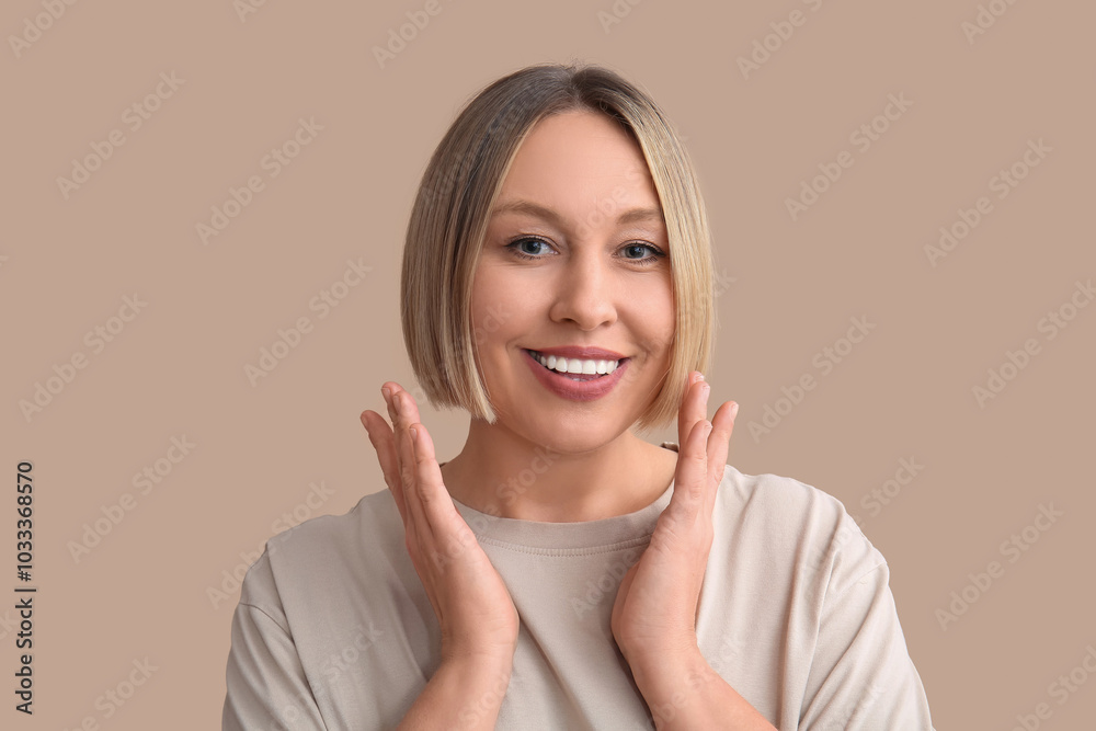 Woman doing face building exercise on beige background