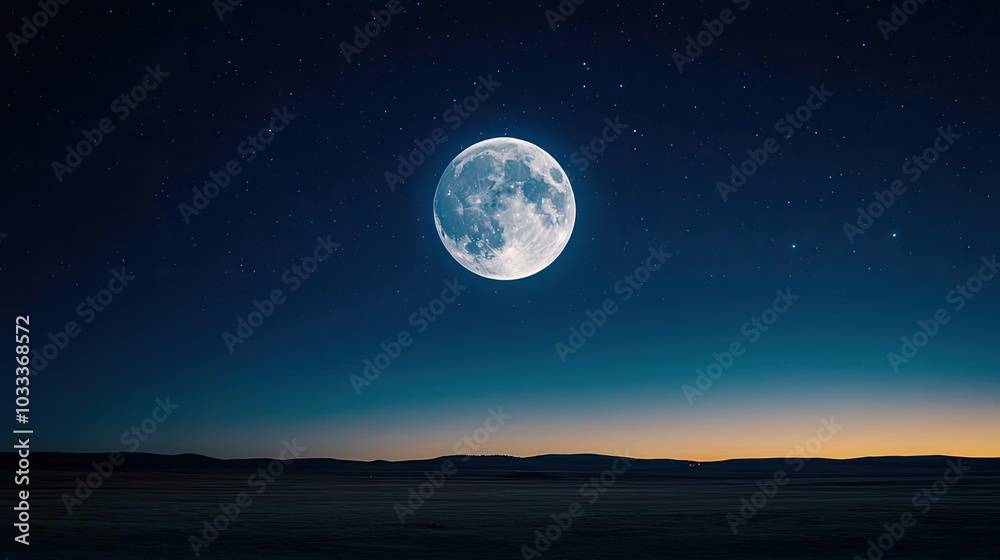 A breathtaking view of a full moon illuminating the night sky over a tranquil landscape, with stars twinkling in the background. A breathtaking view of a full moon illuminating the night sky over a tranquil landscape, with stars twinkling in the background.