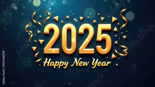 Christmas greeting card with golden numbers '2025' surrounded by New Year's decorations against a dark blue background.