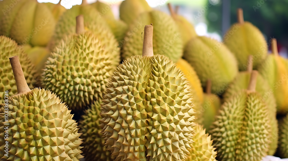 Fresh durians in various sizes showcase their unique spiky texture and vibrant colors Fresh durians in various sizes showcase their unique spiky texture and vibrant colors
