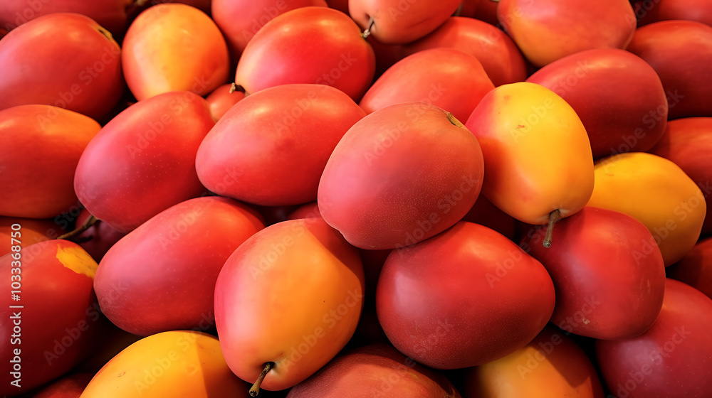 Fresh mangoes in vibrant red and yellow hues create colorful display Fresh mangoes in vibrant red and yellow hues create colorful display