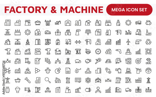 Factory and Machine Icons Collection. A Versatile Set for Industrial Design, Production Workflows, Machinery, Factory Management, and Engineering Solutions.