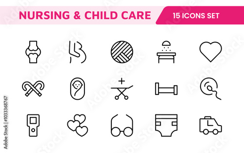 Nursing Home & Child Care Icon Set. Compassionate icons for elder care, child safety, and support services, perfect for healthcare apps, brochures, and care center branding.