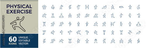 Physical exercise line icons related to workout, wellness, wellbeing, health, Activity, Sauna. Outline icon collection. Editable stroke. Vector illustration