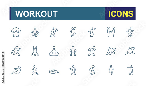 Physical exercise line icons related to workout, wellness, wellbeing, health, Activity, Sauna. Outline icon collection. Editable stroke. Vector illustration