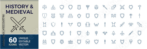 Medieval icons set. Historical icon collections. Simple line art style of antique icons pack. Shield vector illustration.