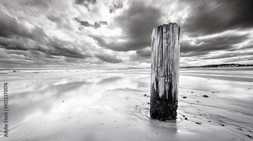 Stormy Sea and Wooden Post.