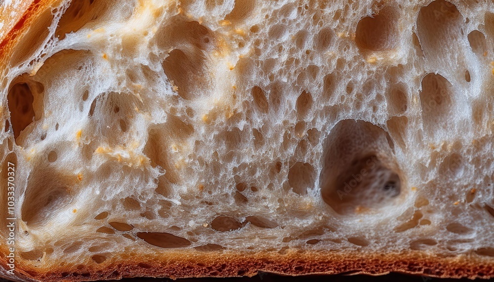 Ultra Close Macro Shot of Artisan Sourdough Bread Crumb with Open Crumb Structure, Golden Brown Crust, and Airy Pockets, Perfect for Culinary Textures, Baking Art, and Food Science Concepts
Ultra Close Macro Shot of Artisan Sourdough Bread Crumb with Open Crumb Structure, Golden Brown Crust, and Airy Pockets, Perfect for Culinary Textures, Baking Art, and Food Science Concepts