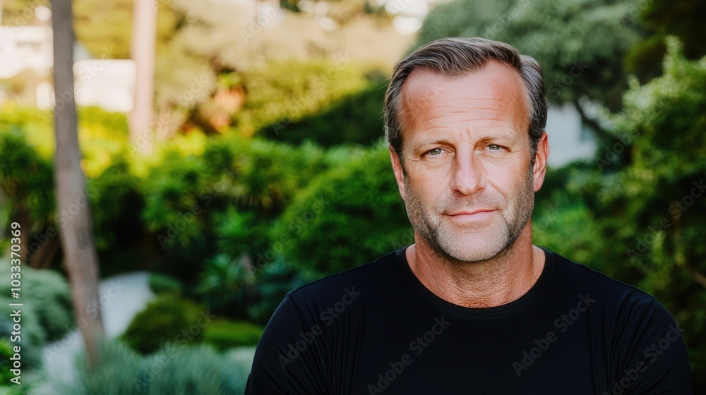 Confident Man in Black T Shirt Posing in Lush Tropical Garden Confident Man in Black T Shirt Posing in Lush Tropical Garden