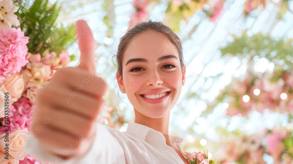 Successful Event Coordinator Giving Thumbs Up at Vibrantly Decorated Venue with Happy Guests - Ultra-Detailed Celebration Scene Successful Event Coordinator Giving Thumbs Up at Vibrantly Decorated Venue with Happy Guests - Ultra-Detailed Celebration Scene