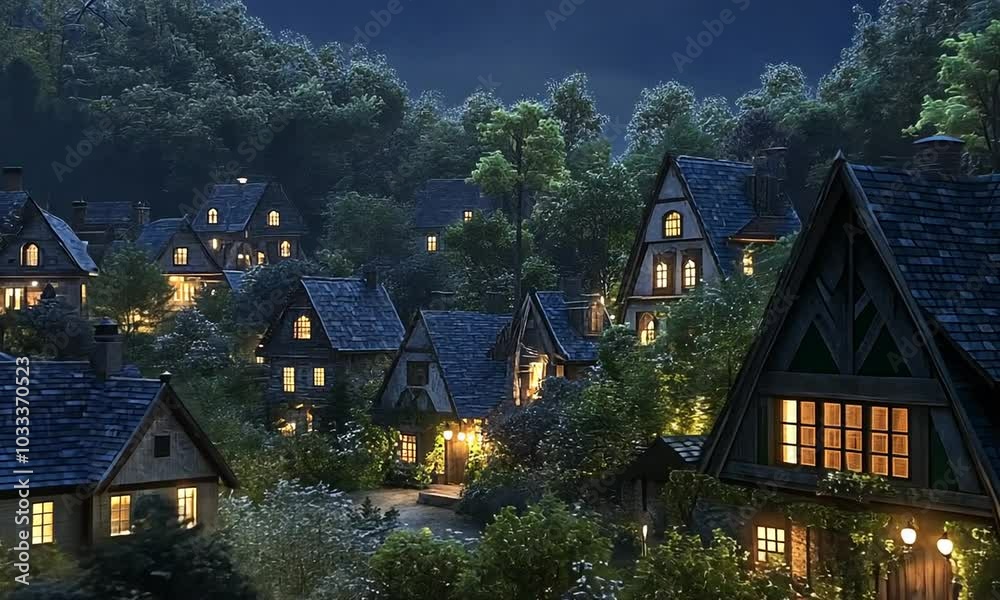 A serene night scene of a quaint village illuminated by warm lights under a starry sky. A serene night scene of a quaint village illuminated by warm lights under a starry sky.